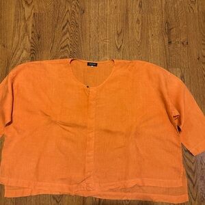 Eskandar Vibrant Orange Linen Top 0 short sleeve boxy fit Lagenlook front button